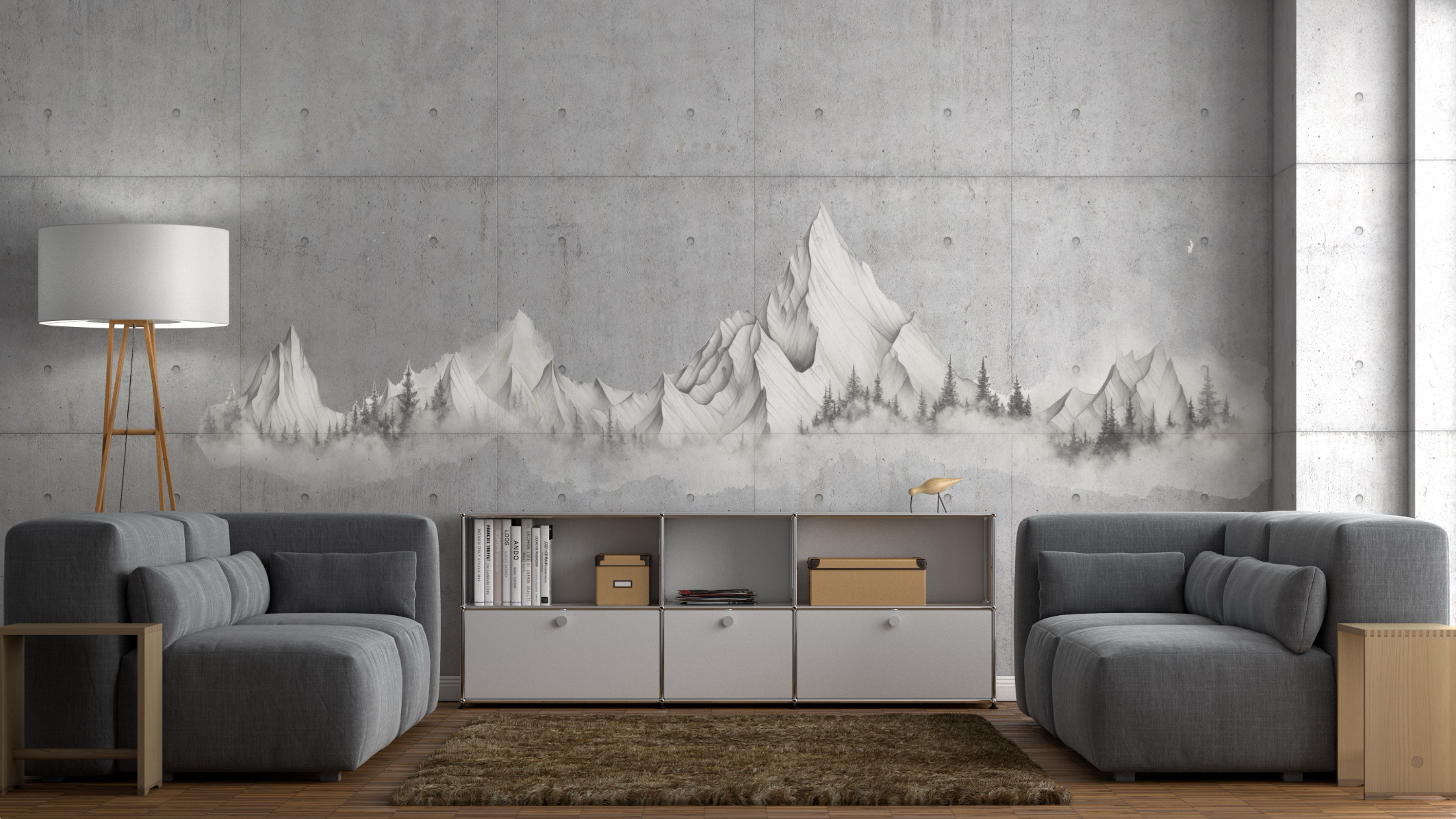 Nachher - Bergpanorama Wohnzimmer Wanddruck Berge Alpen Panorama Wohnzimmer Beton Schweiz